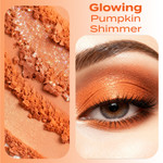 A split image featuring crushed Sassy Eye Shadow pigment with luminous golden shimmer alongside a close-up eye application, highlighting the rich pumpkin-orange tone and radiant metallic finish.