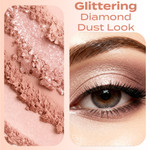 Close-up beauty image highlighting Snuggle Eye Shadow applied on the eyes. The soft pink shimmer delivers a modern, polished look with vibrant pigment and a subtle crystal glow, enhancing the eyes with a smooth, elegant finish suitable for everyday or elevated makeup looks.