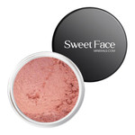 Sweet Face Minerals Sweet Cheeks loose mineral eyeshadow in an open jar, showing a soft pink shimmer powder with branded black lid.