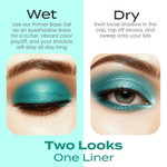 Side-by-side comparison of Tasmania Eye Shadow applied wet and dry, demonstrating intensified color payoff with Primer Base Gel and a softer shimmer finish when applied dry.