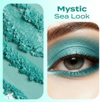 A close-up of Tasmania Eye Shadow’s loose mineral texture alongside a model wearing a rich teal eye look, highlighting the shade’s luminous, ocean-inspired shimmer and smooth blendability.