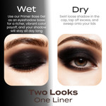 Side-by-side comparison showing wet and dry application of deep black mineral eyeliner to demonstrate two different makeup looks.