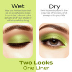 Side-by-side comparison of Enchanted Eye Shadow showing wet application for bold, vibrant color and dry application for a softer shimmer look.