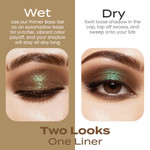 Side-by-side comparison of Zany Eye Shadow applied wet and dry. The wet application delivers intensified shimmer and vibrant color payoff, while the dry application offers a softer, diffused glow—demonstrating two versatile looks from one liner.