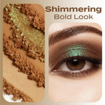 Close-up of Zany Eye Shadow swatched alongside a finished eye look, showcasing luminous green shimmer layered over warm brown tones. The metallic sparkle catches the light, creating a bold yet wearable statement with rich depth.