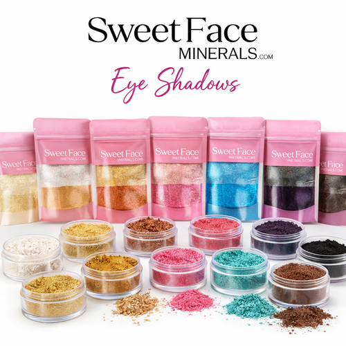 Sweet Face Minerals bulk loose eyeshadows displayed in pink resealable pouches, showcasing a range of shimmering shades including ivory, gold, copper, rose, turquoise, purple, and deep black against a clean white background.