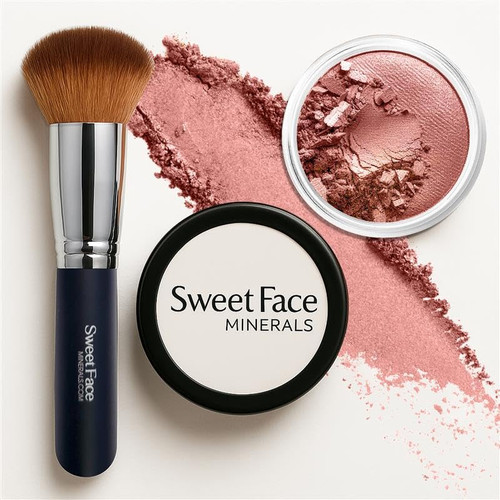 Sweet Face Minerals mineral bronzer powder with flat top bronzer brush and loose powder swatch Sweet Face Minerals mineral bronzer powder with flat top bronzer brush and loose powder swatch