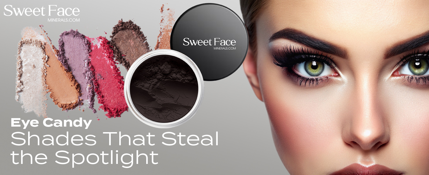A refined beauty banner featuring Sweet Face Minerals loose eyeshadows. Crushed mineral pigment swatches in soft neutrals and bold tones appear alongside an open jar of Confusion deep black powder shadow. The composition is paired with a close-up model portrait showcasing an intense black smokey eye, highlighting rich matte depth and dramatic definition. The overall look emphasizes professional artistry, high pigment payoff, and editorial elegance.