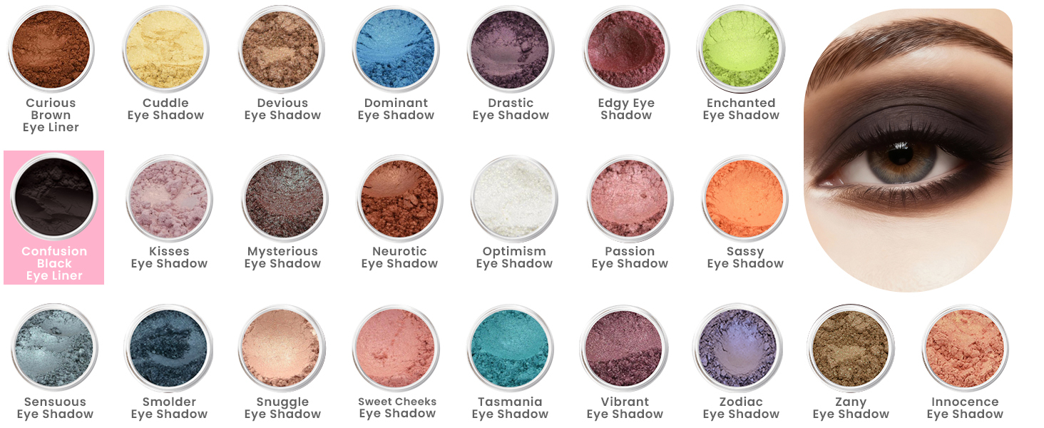 Grid display of Sweet Face Minerals loose mineral eyeshadow and eyeliner shades shown in open jars, featuring a wide range of colors alongside a close-up eye makeup look.