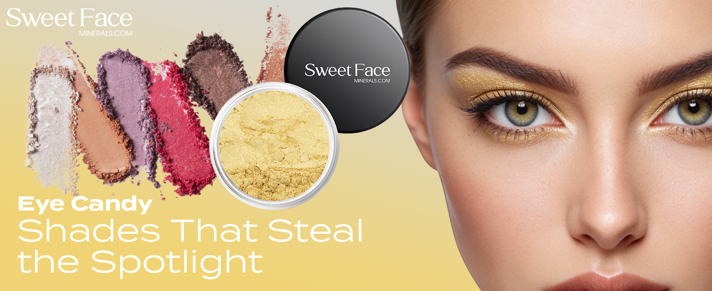 Lifestyle banner featuring Sweet Face Minerals loose mineral eyeshadow swatches, an open jar of yellow eyeshadow, and a model wearing a bold eye makeup look.