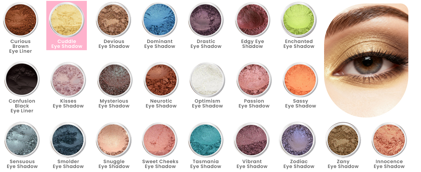 Eyeshadow shade selection grid showing Sweet Face Minerals loose mineral eyeshadows and eyeliners in open jars, with the Cuddle eyeshadow highlighted and a gold eye makeup look displayed.