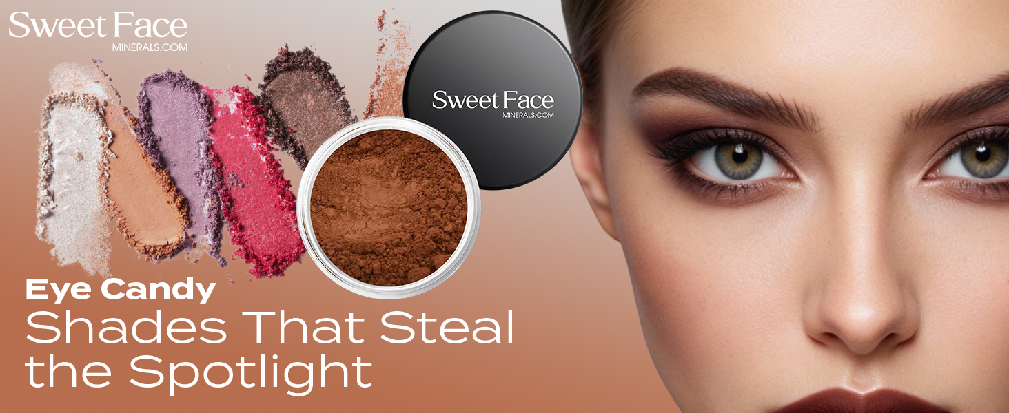 A polished promotional banner displaying Sweet Face Minerals loose eyeshadows in natural and vibrant hues. Finely milled mineral pigment swatches are arranged next to an open jar of Curious warm brown powder shadow. A close-up model portrait demonstrates a softly blended brown smokey eye, showcasing warm depth, smooth diffusion, and wearable sophistication. The image conveys versatile color performance and a refined, modern beauty aesthetic.