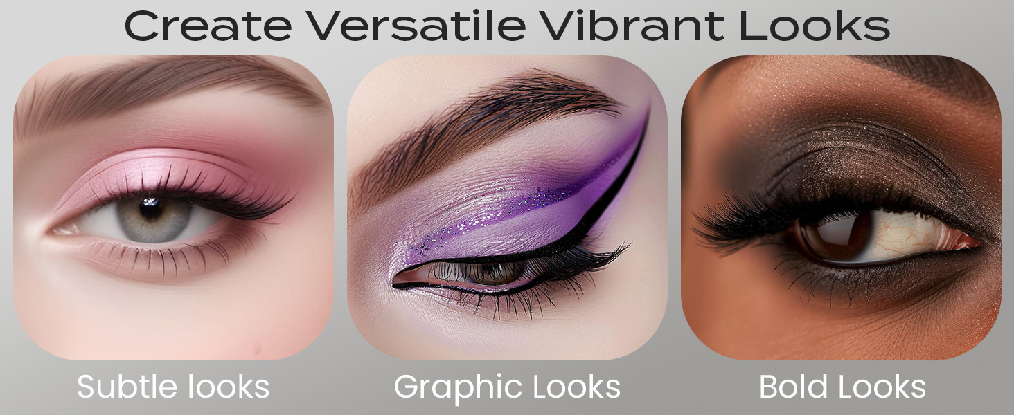 Banner showing three eye makeup styles&mdash;subtle, graphic, and bold&mdash;demonstrating the versatility of mineral eyeshadow looks across different skin tones.