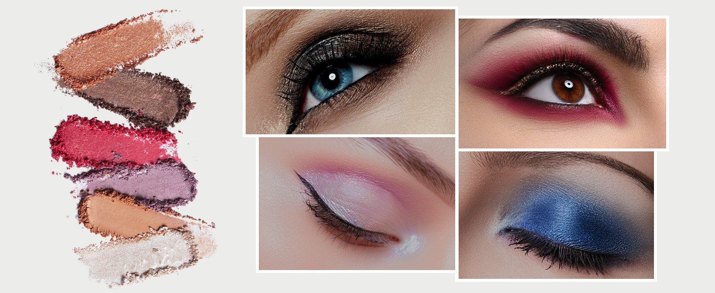 Collage showing loose mineral eyeshadow color swatches alongside close-up eye makeup looks ranging from soft neutrals to bold, vibrant shades.