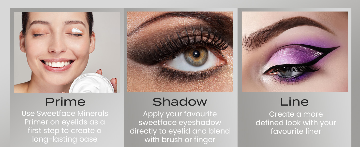 Instructional banner showing three eye makeup steps—priming the eyelid, applying mineral eyeshadow, and defining the eye with eyeliner.
