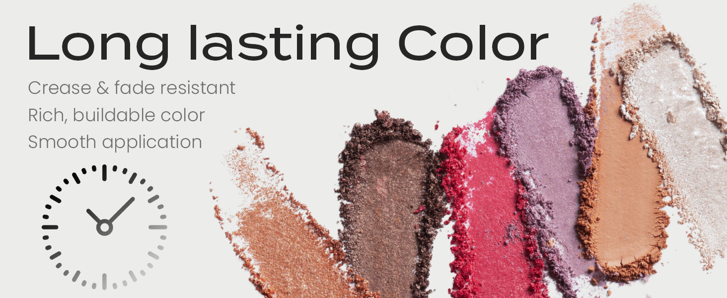 Banner highlighting long-lasting mineral eyeshadow color with crease-resistant, buildable shades shown in loose powder swatches.