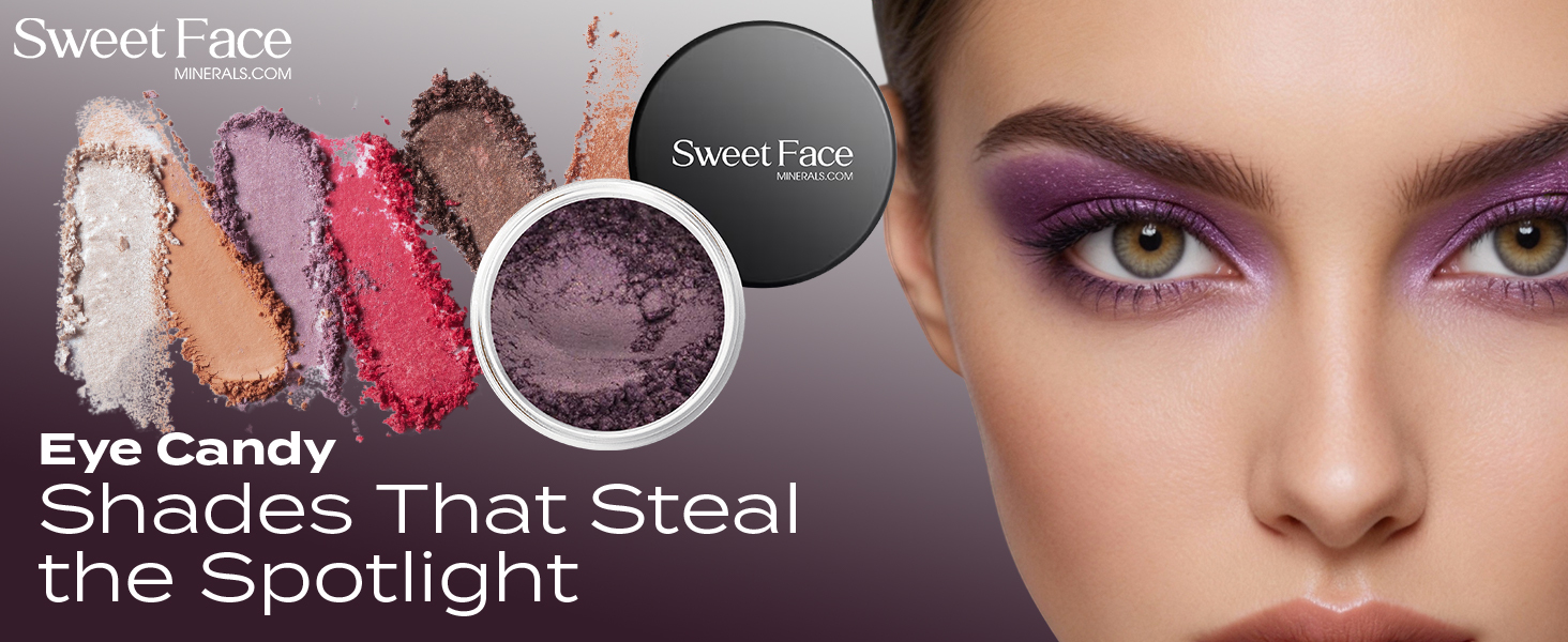 Drastic Eye Shadow by Sweet Face Minerals, a deep purple loose mineral eyeshadow shown with powder texture and a finished eye look.