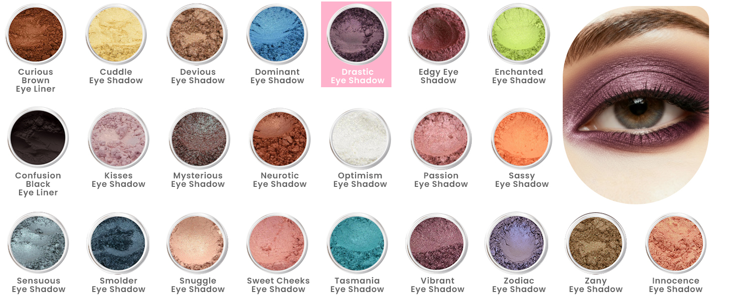 Sweet Face Minerals loose mineral eyeshadow collection featuring multiple shimmer and matte shades, with Drastic Eye Shadow highlighted.