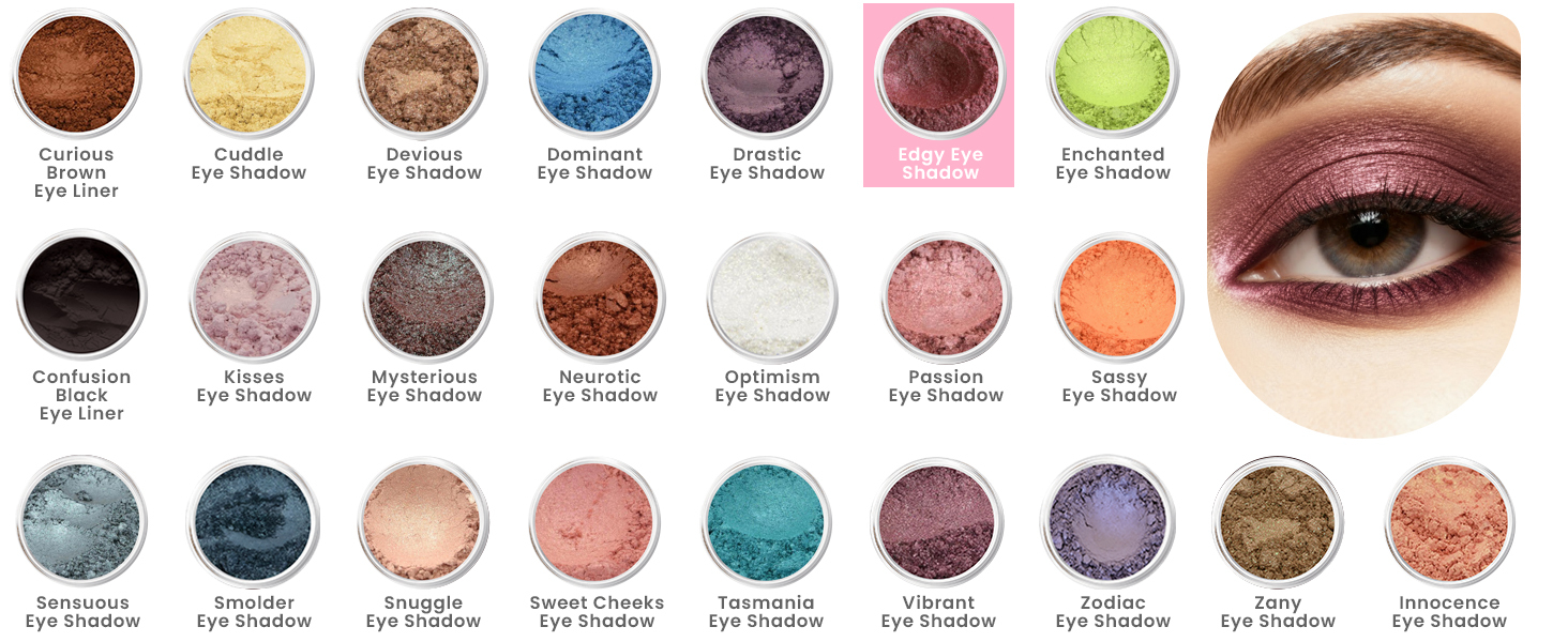 Sweet Face Minerals loose mineral eyeshadow collection featuring multiple shimmer and matte shades, with Edgy Eye Shadow highlighted and a berry-toned eye makeup look.