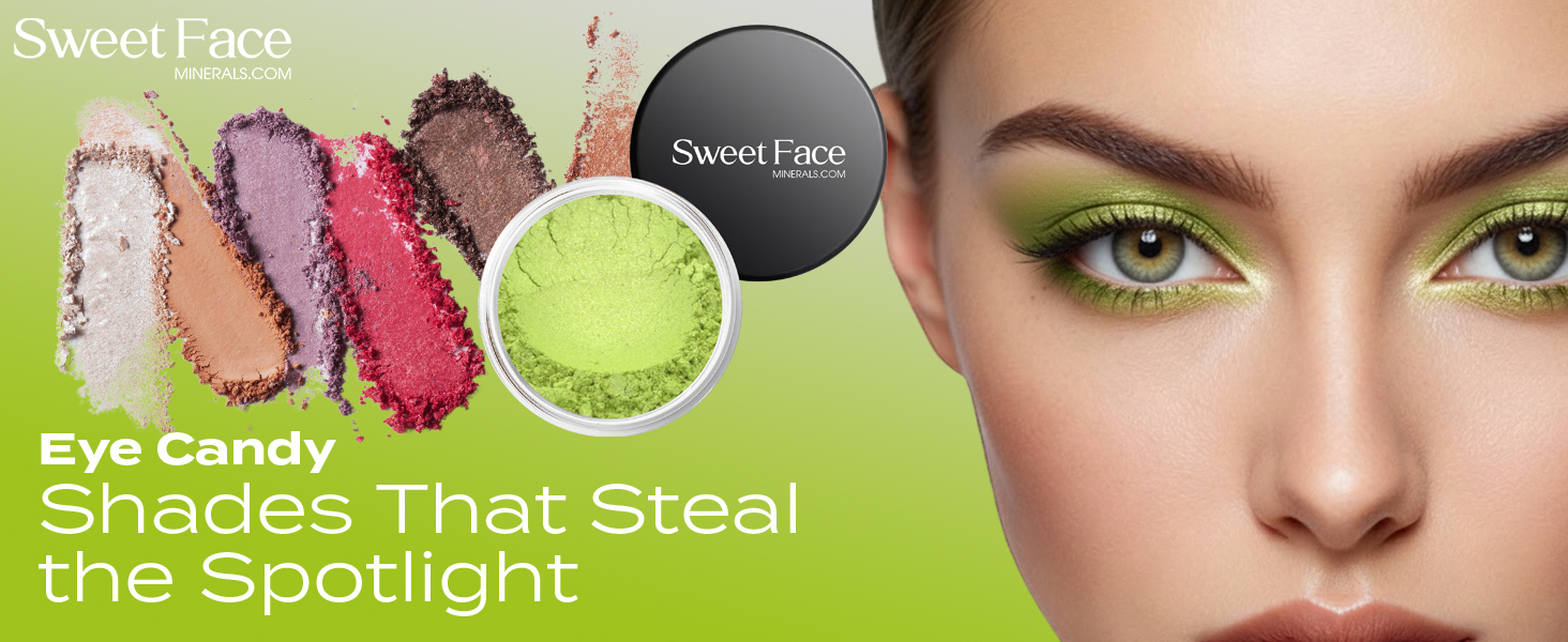 Sweet Face Minerals loose Enchanted mineral eyeshadow collection displayed in a shade selector grid, featuring matte and softly shimmering pigments in neutral, bold, and vibrant colors.