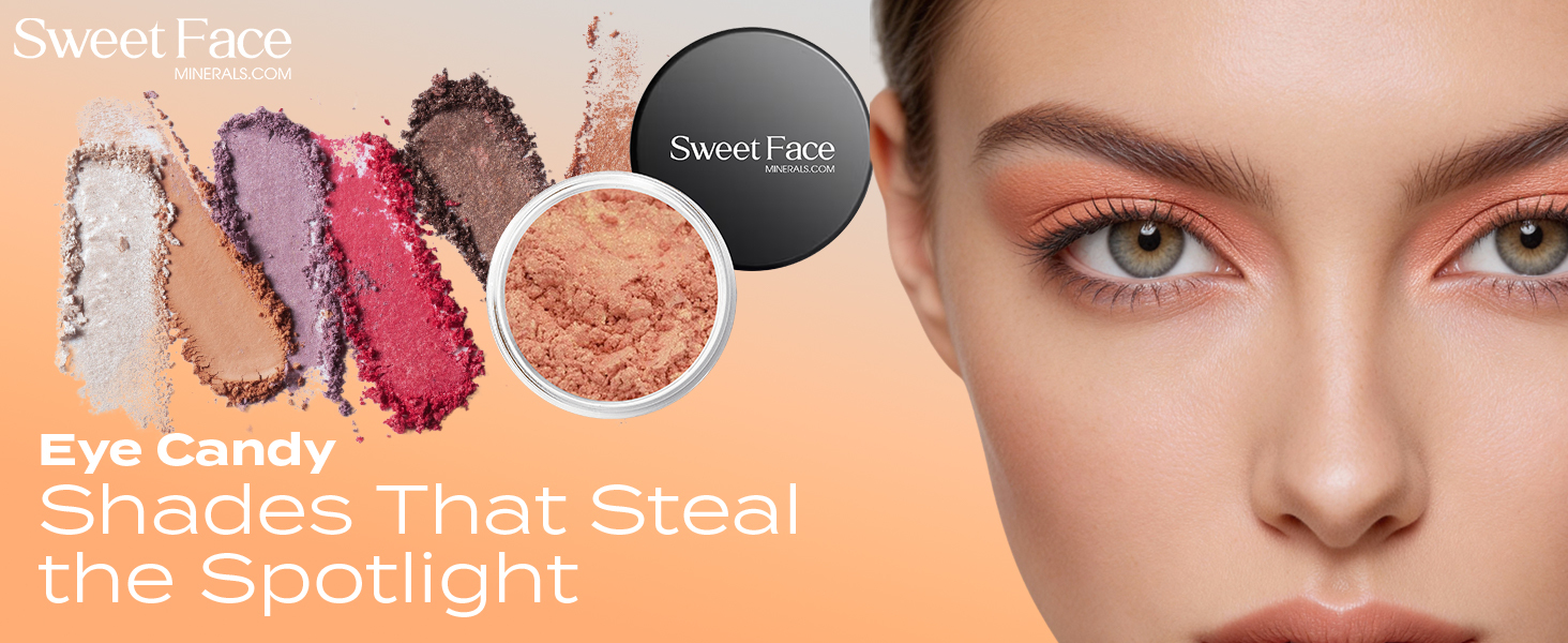 Sweet Face Minerals Innocence Eye Shadow loose mineral pigment in a clear jar with black lid, featuring a soft peach-toned shimmer powder.
