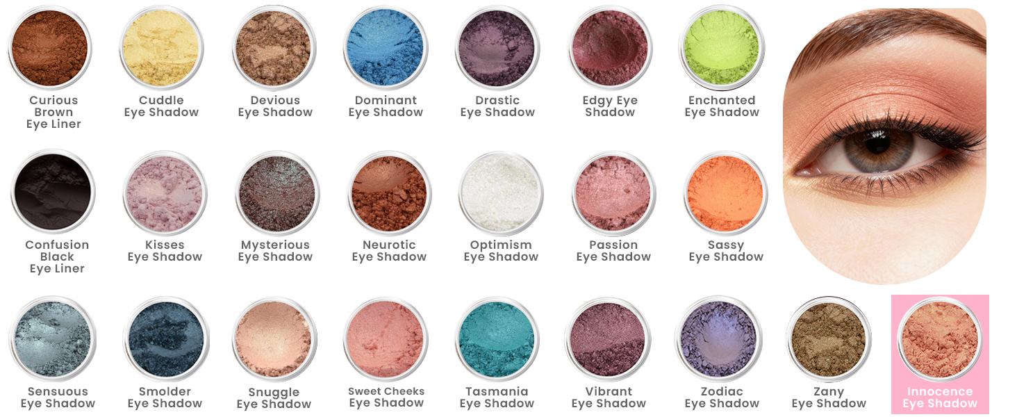 Sweet Face Minerals eye shadow shade selection image showing a full range of loose mineral eye shadows, with Innocence Eye Shadow highlighted and a close-up model wearing a soft peach shimmer eye look.