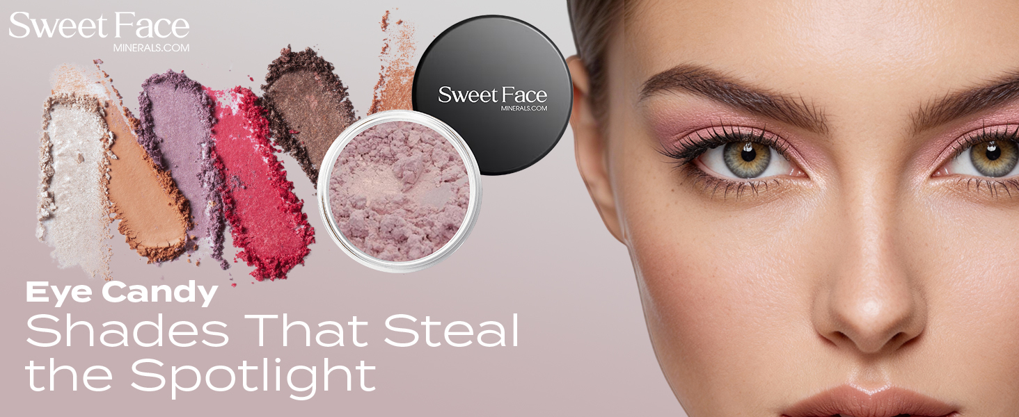 Promotional banner showcasing Sweet Face Minerals loose mineral Kisses eyeshadows, with color swatches, product jar, and a model wearing softly blended shimmer eye makeup.