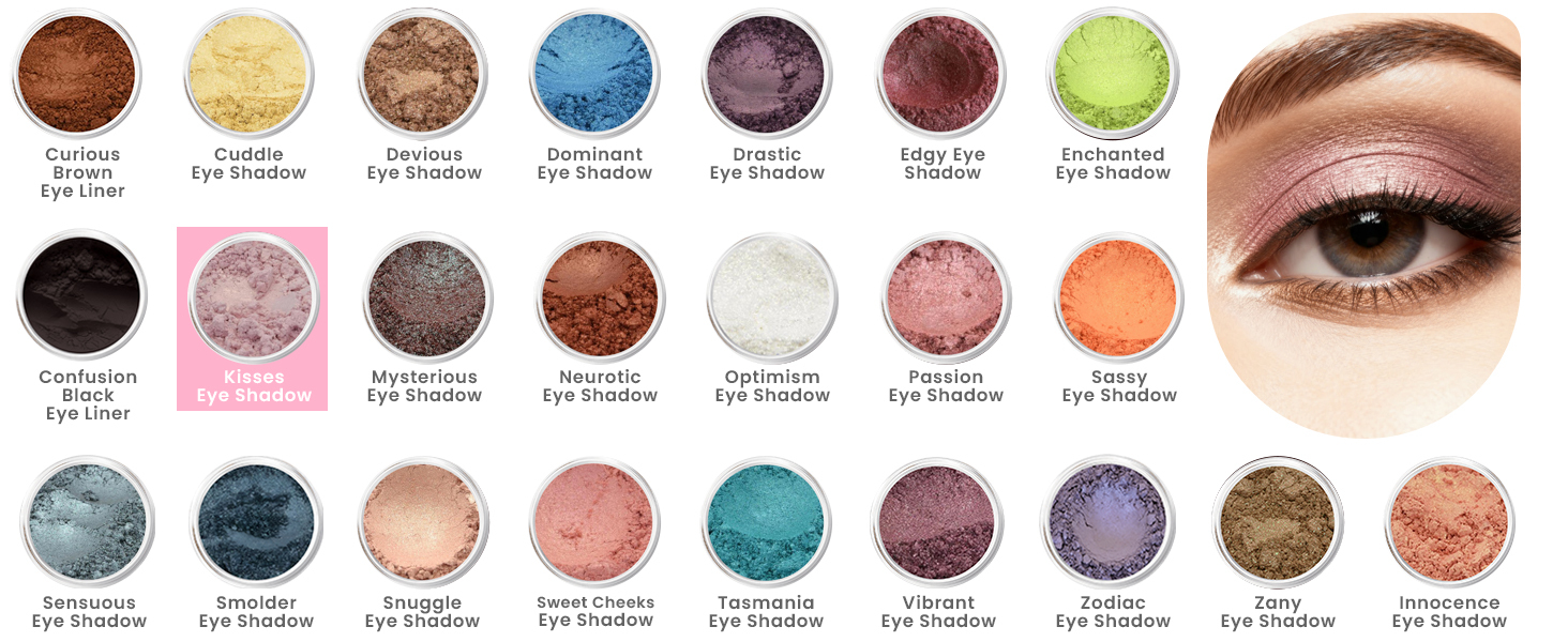 Sweet Face Minerals loose mineral eye shadow collection display, featuring multiple shimmer shades with Kisses Eye Shadow highlighted and a close-up peach-toned eye makeup look.