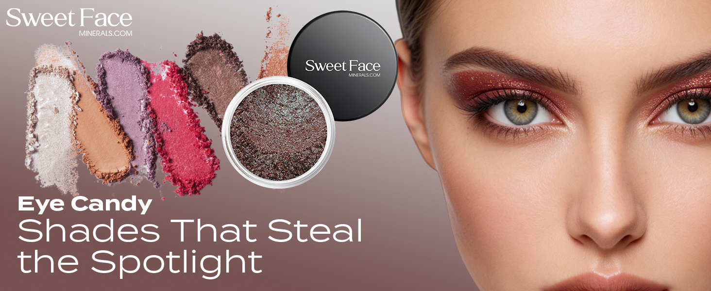 Sweet Face Minerals mineral eyeshadow collection banner featuring Mysterious shade, with rich jewel-toned pigments and a dramatic eye makeup look.
