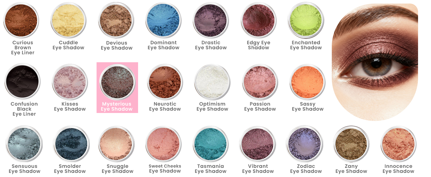 Sweet Face Minerals eyeshadow shade selection grid highlighting Mysterious Eye Shadow among a full range of loose mineral colors.