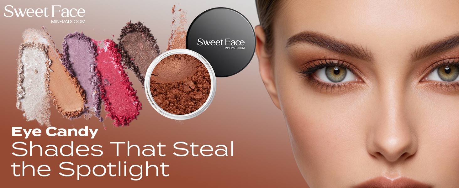 Sweet Face Minerals loose mineral eyeshadow in the shade Neurotic, featuring warm copper-brown pigment swatches, an open eyeshadow jar, and a model wearing softly blended, luminous bronze eye makeup.