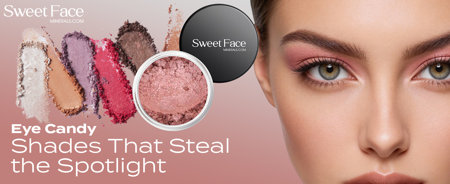 Sweet Face Minerals Passion Eye Shadow featured in a collection of loose mineral pigments and model wearing rosy shimmer eye makeup