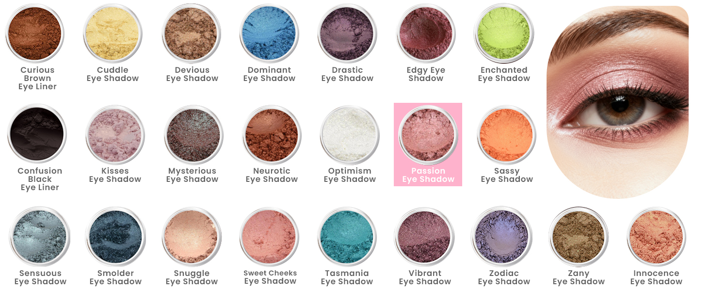 Eyeshadow shade selection display from Sweet Face Minerals featuring multiple loose mineral eyeshadows, with Passion Eye Shadow highlighted in a soft rose shimmer tone.
