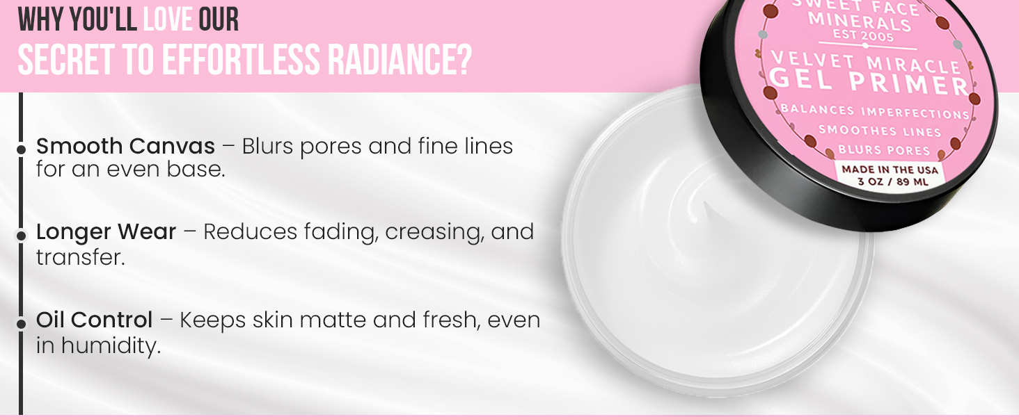 Sweet Face Minerals Gel Primer in 3oz jar with pink lid – hydrating lightweight pore-filling base gel for smooth skin and flawless makeup application