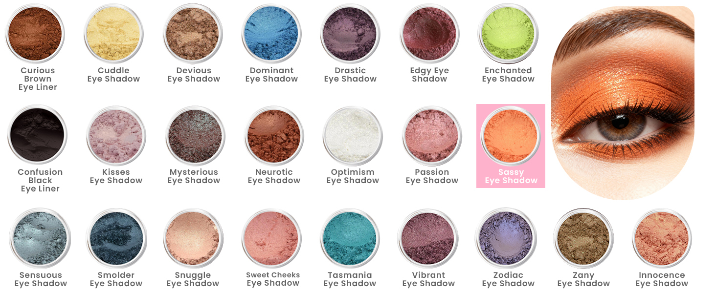Sweet Face Minerals Eye Candy eyeshadow collection banner highlighting Sassy Eye Shadow, a vibrant orange loose mineral pigment
