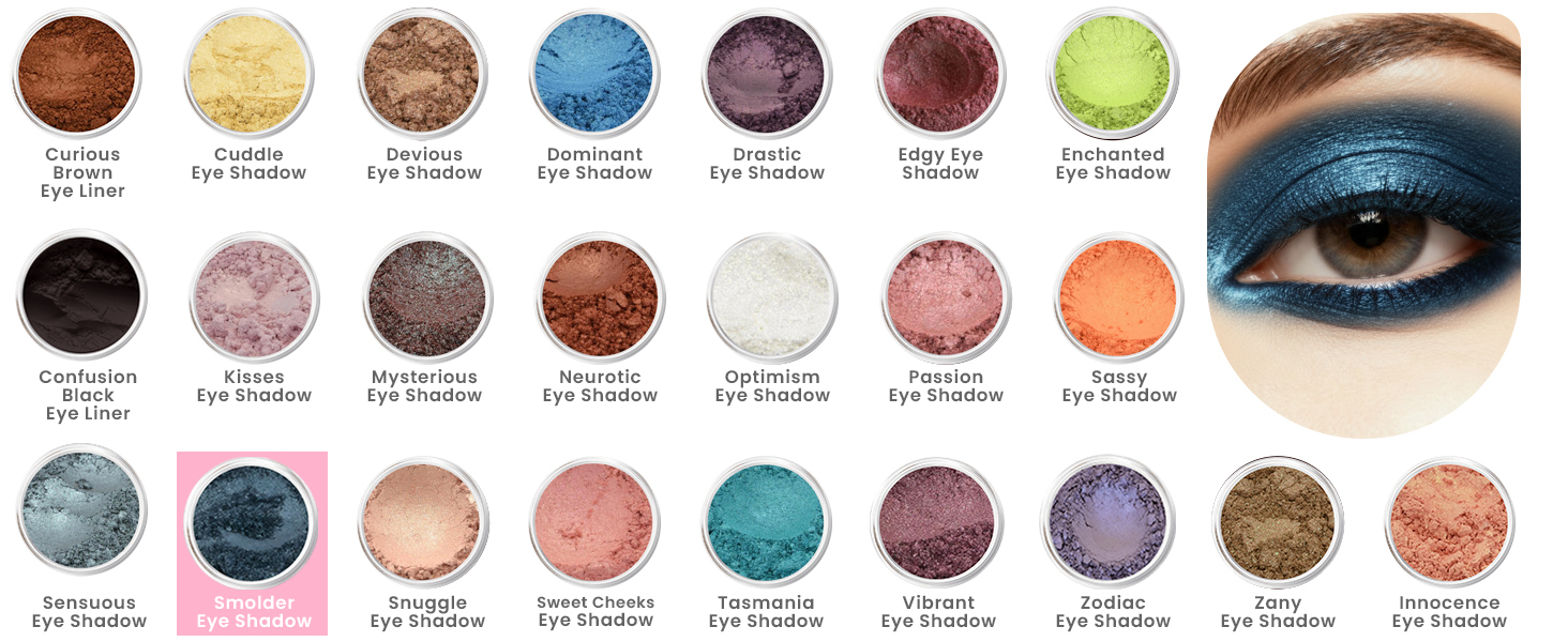 Sweet Face Minerals eye shadow collection display featuring Smolder, a deep smoky blue metallic shade, alongside other loose mineral eye shadows.