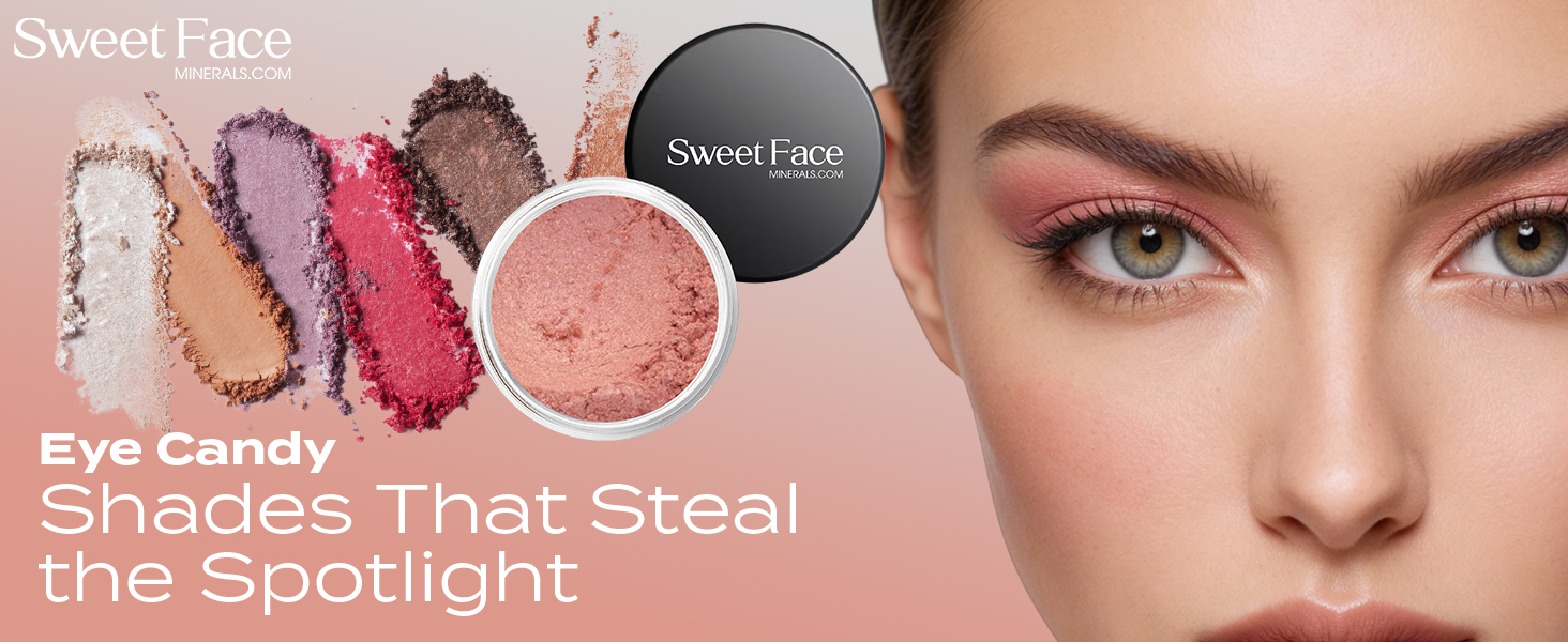 Sweet Face Minerals Sweet Cheeks mineral eye shadow shown with loose powder swatches and soft pink shimmer eye makeup