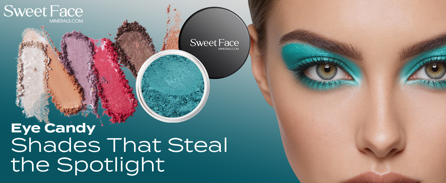 Detailed close-up of eye makeup featuring Tasmania Eye Shadow in a bold teal shade, highlighting rich pigment, reflective shimmer, and seamless blending across the lid.