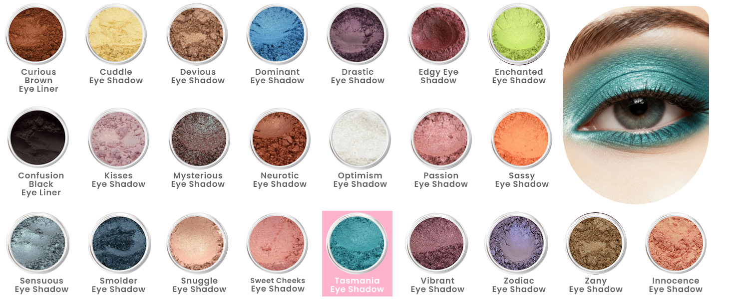 Eye Candy Eyeshadow Collection banner displaying multiple Sweet Face Minerals shades with Tasmania highlighted, paired with a model wearing striking teal eye makeup.