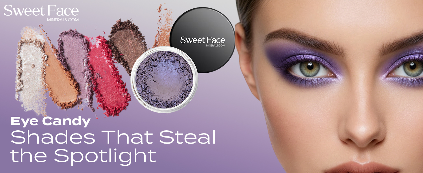 Beauty close-up showcasing Zodiac Eye Shadow in a bold, shimmery purple hue with a radiant, cosmic glow effect on the eyes.