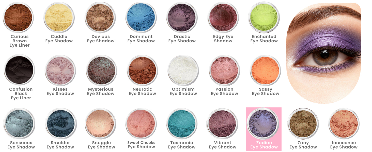 Full eyeshadow collection display featuring Sweet Face Minerals loose mineral eye shadows in a wide range of shades, with Zodiac Eye Shadow highlighted. The collection showcases richly pigmented mattes and softly shimmering finishes designed for versatile, buildable color payoff.