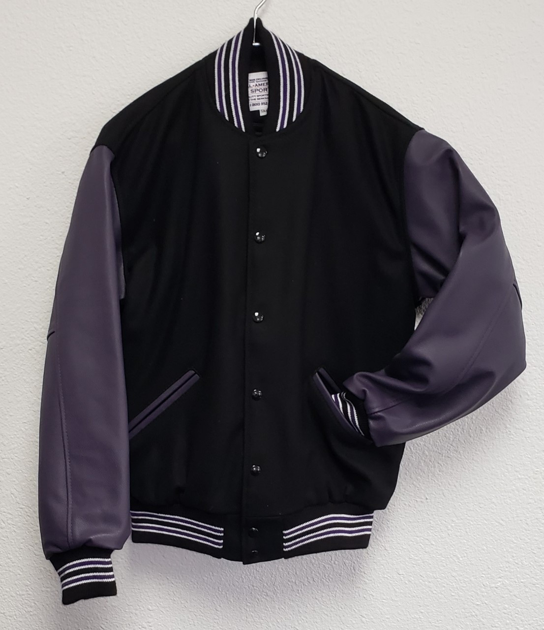 Purple Letterman Jacket with White Leather Sleeves