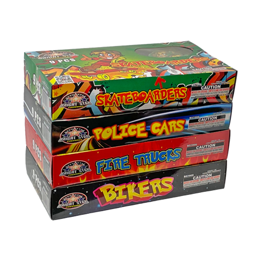 Police Cars/Fire Trucks/Bikers/Skateboarders 4 packs of 9