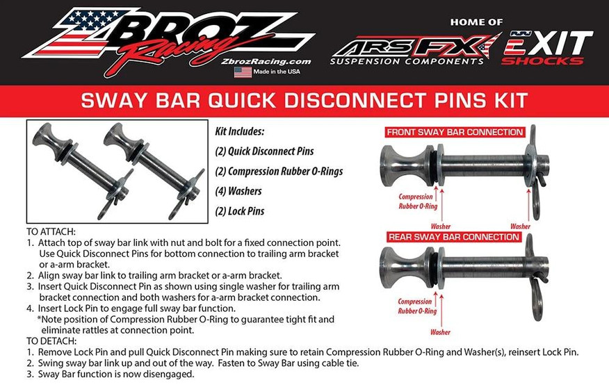 Buy ZBroz Racing RZR Sway Bar Quick Disconnect Pull Pins from ZBroz Racing  UTV Source