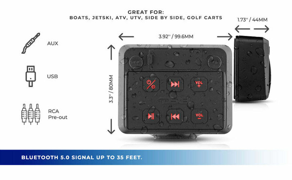 DS18 Marine Waterproof Bluetooth Audio Receiver with AUX Input, USB Player and Universal Pod UTVS0064420