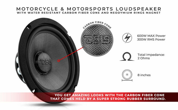 DS18 Audio 8 Mid-Bass Loudspeaker With Water Resistant Carbon Fiber Cone and Neodymium Rings Magnet 600 Watts 2-Ohms UTVS0064992