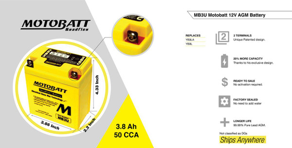 Motobatt Batteries MB3U 12V Replacement AGM Battery  UTVS0112301