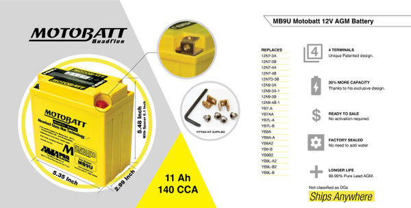 Motobatt Batteries MB9U 12V Replacement AGM Battery  UTVS0112318