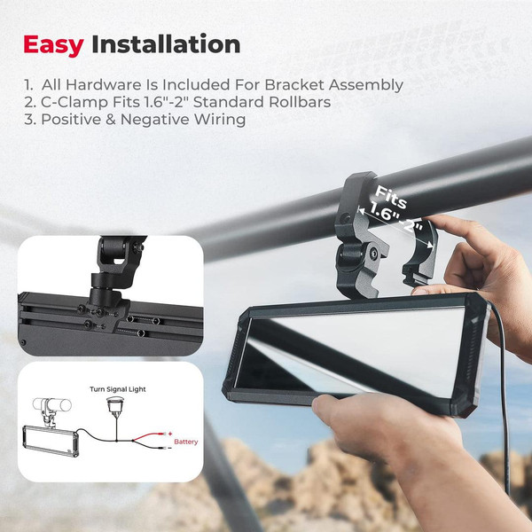 Kemimoto UTV Rear View Center Mirror for 1.6"-2" Round Tube Roll Cages  UTVS0115098