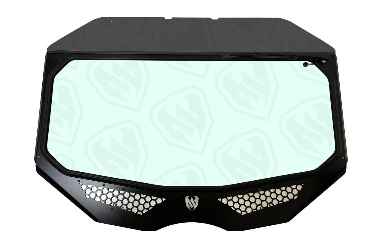 Moto Armor Can-Am Maverick X3 Vented Full Glass Windshield with honeycomb vent design, DOT laminated automotive safety glass, tinted polycarbonate visor, 1/8 inch CNC aluminum frame